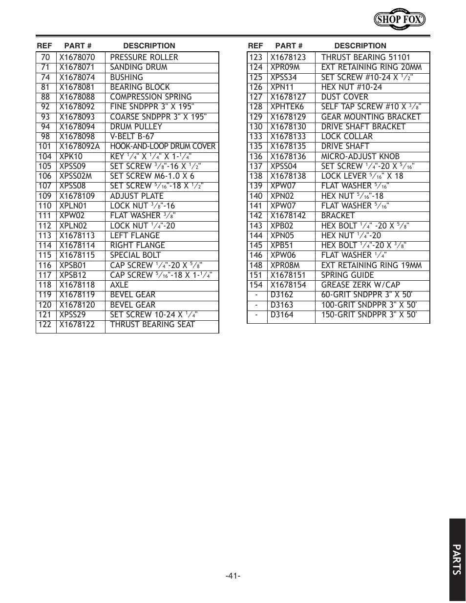 Parts | Woodstock SHOP FOX W1678 User Manual | Page 43 / 54