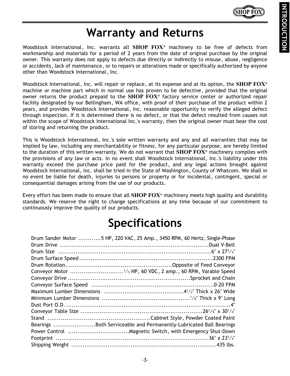 Warranty and returns, Specifications, Introduction | Woodstock SHOP FOX W1678 User Manual | Page 5 / 54
