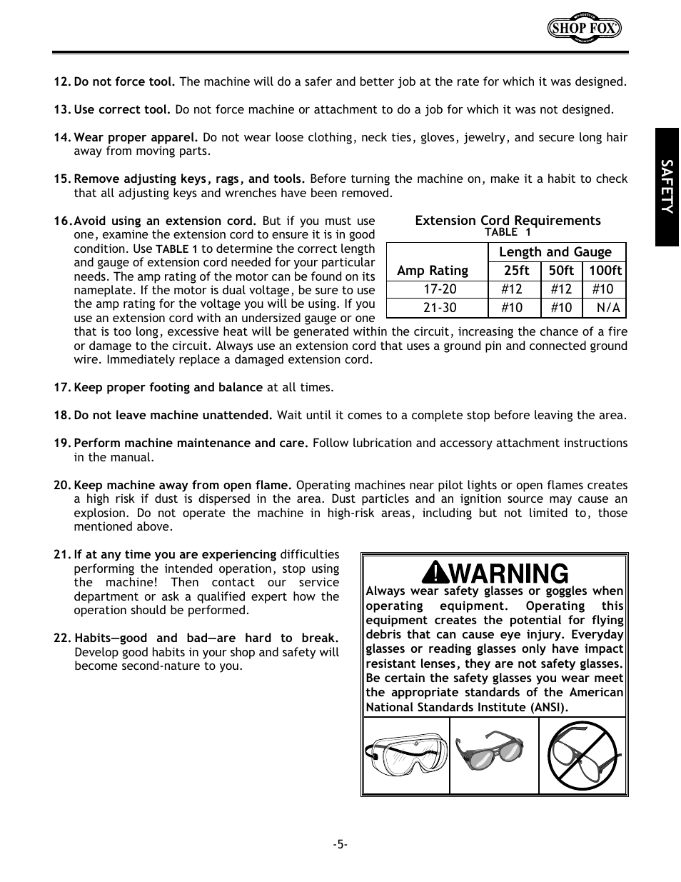 Safety | Woodstock SHOP FOX W1678 User Manual | Page 7 / 54