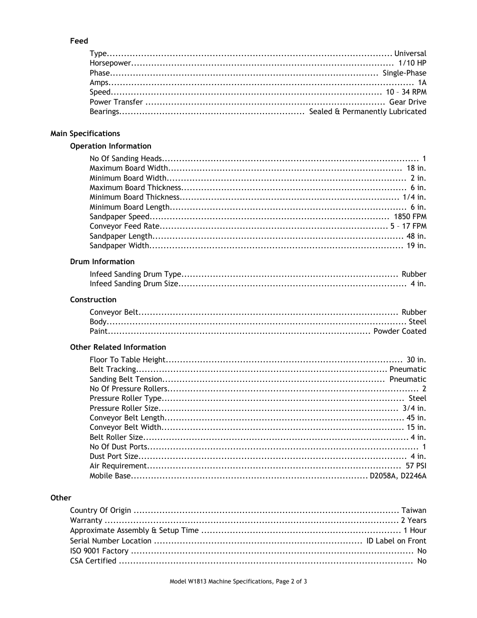 Main specifications, Other specifications | Woodstock W1813 User Manual | Page 2 / 3