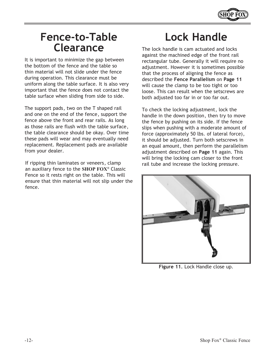 Fence-to-table clearance, Lock handle | Woodstock SHOP FOX W2006 User Manual | Page 14 / 24