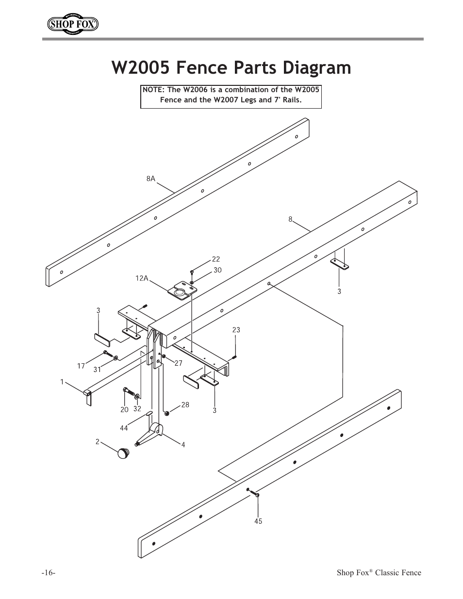 W2005 fence parts diagram | Woodstock SHOP FOX W2006 User Manual | Page 18 / 24