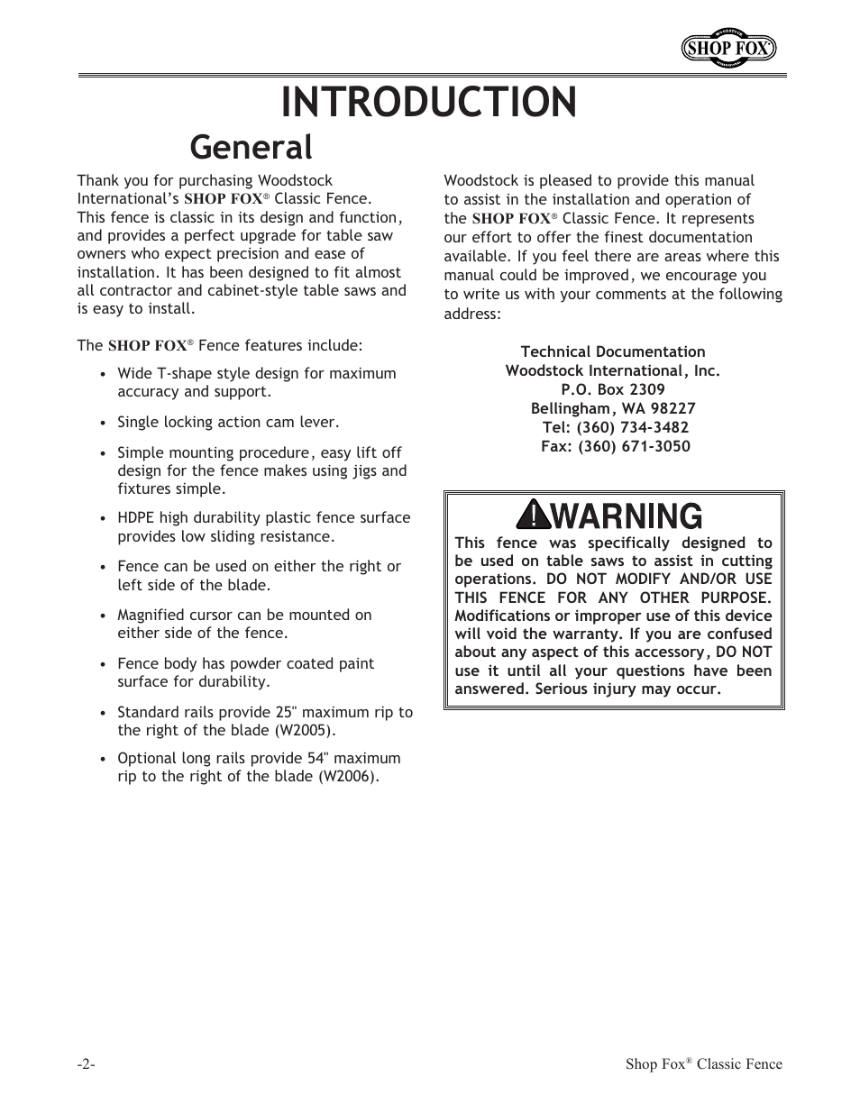Introduction, General | Woodstock SHOP FOX W2006 User Manual | Page 4 / 24