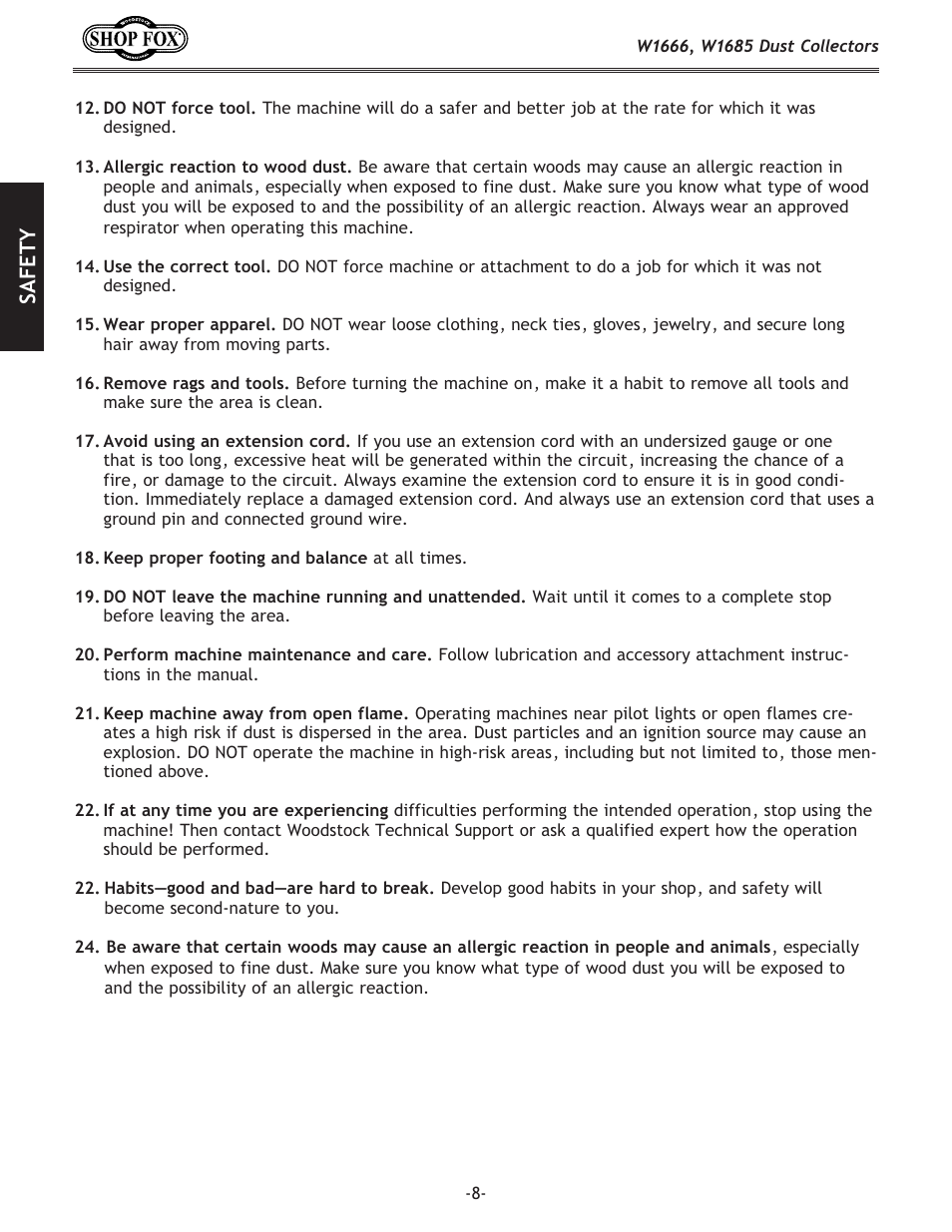 Safety | Woodstock W1666 User Manual | Page 8 / 32