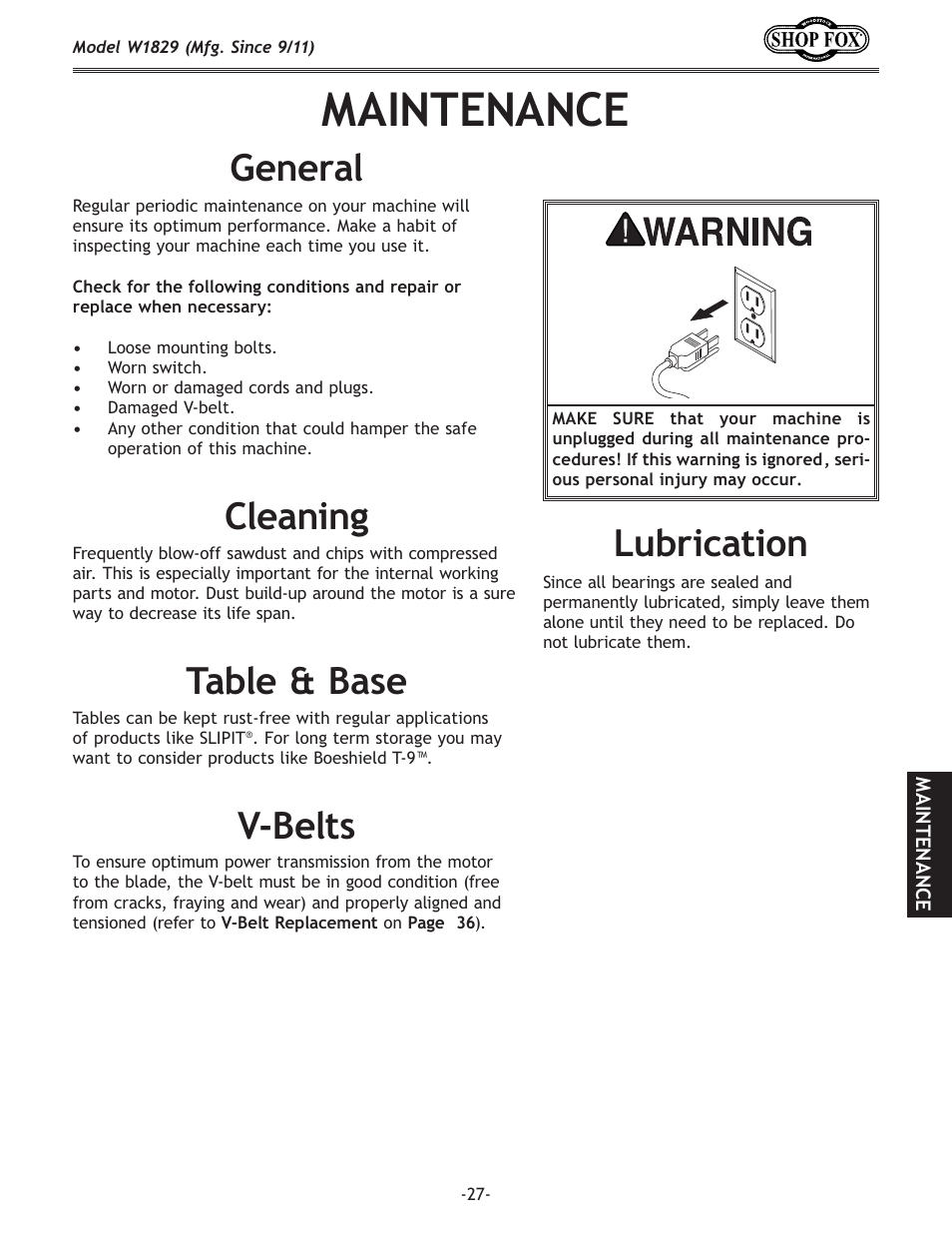 D8@ek<e8e, Clyi`zxk`fe, C\xe`e | E\ixc, Kxyc\9xj, M$9\ckj | Woodstock SHOP FOX W1829 User Manual | Page 29 / 48