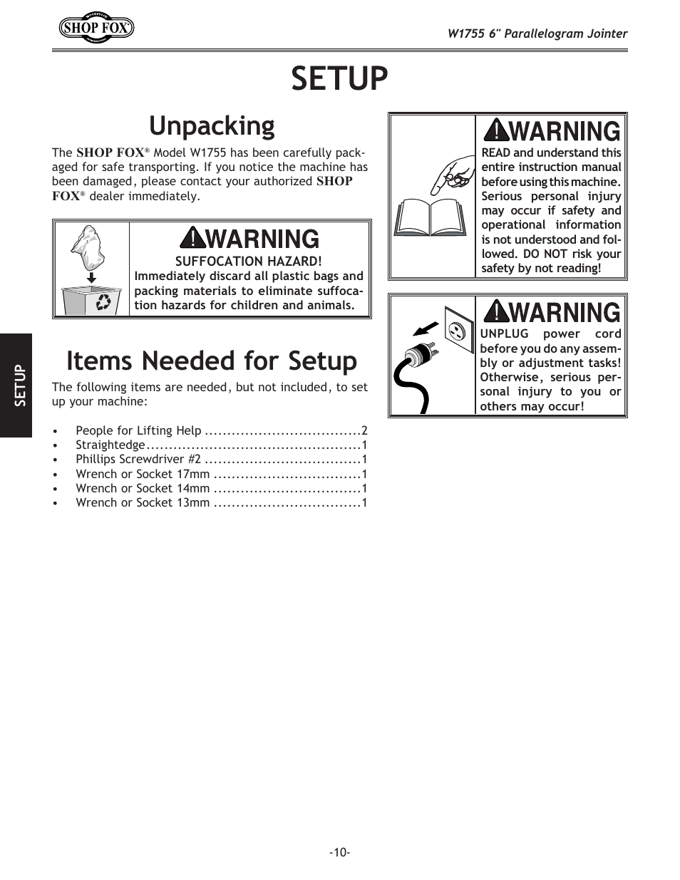 Setup, Unpacking, Items needed for setup | Woodstock SHOP FOX W1755 User Manual | Page 12 / 56