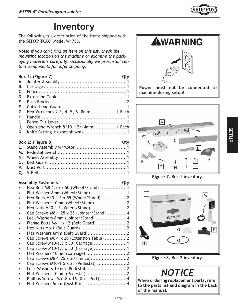 Notice, Inventory | Woodstock SHOP FOX W1755 User Manual | Page 13 / 56