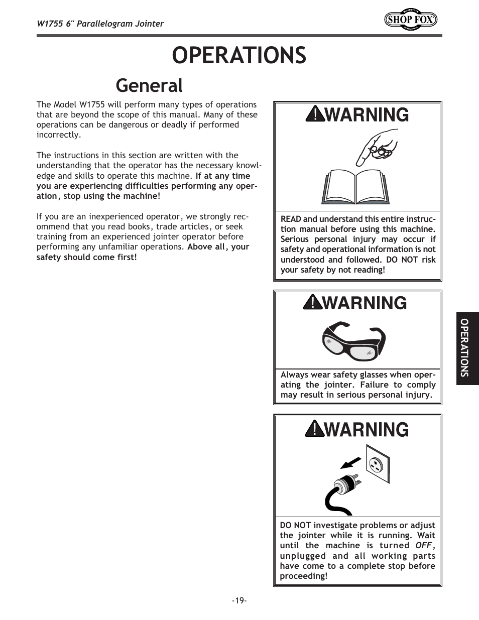 Operations, General | Woodstock SHOP FOX W1755 User Manual | Page 21 / 56