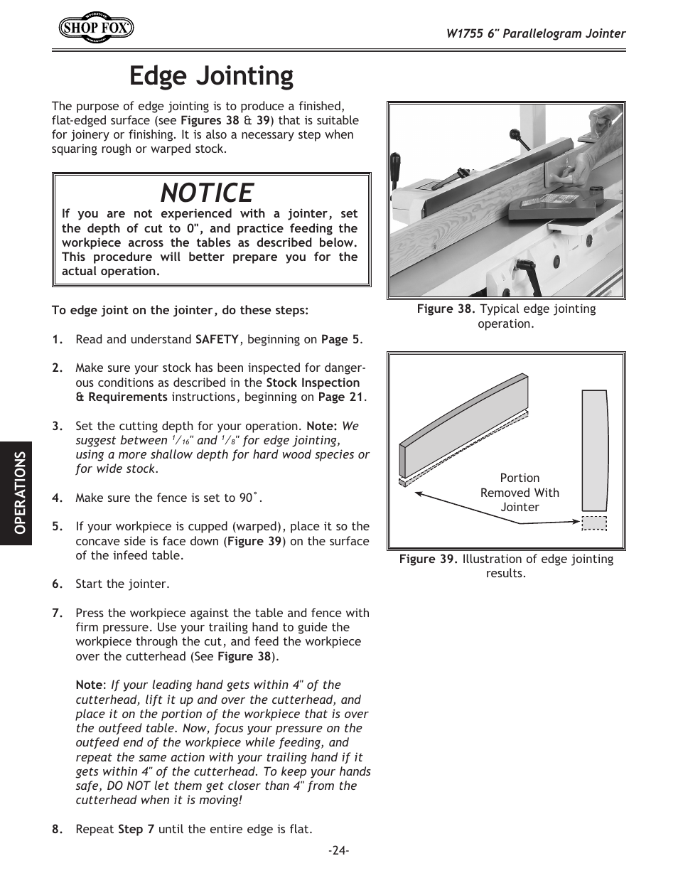 Edge jointing, Notice | Woodstock SHOP FOX W1755 User Manual | Page 26 / 56