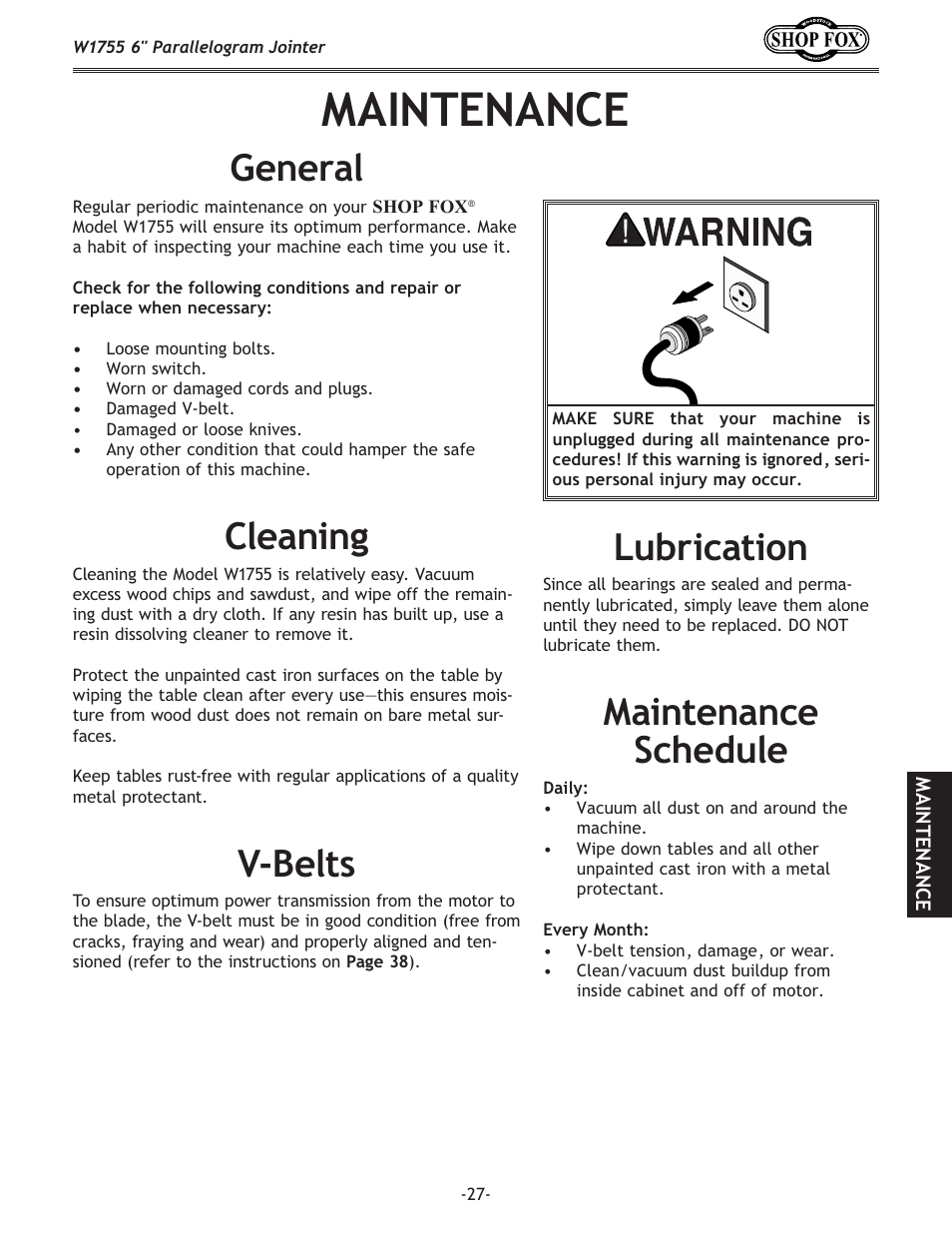 Maintenance, V-belts, Cleaning | General, Lubrication, Maintenance schedule | Woodstock SHOP FOX W1755 User Manual | Page 29 / 56