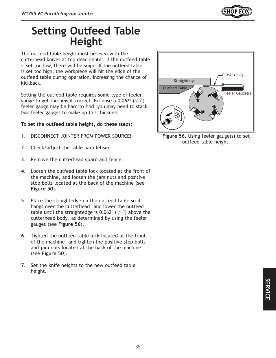 Setting outfeed table height, Se rv ic e | Woodstock SHOP FOX W1755 User Manual | Page 37 / 56