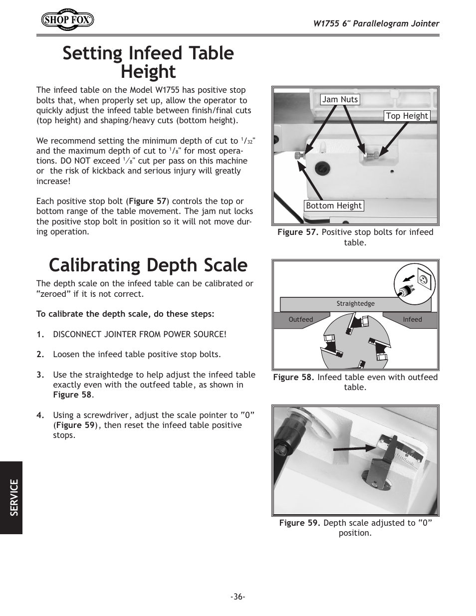 Setting infeed table height, Calibrating depth scale | Woodstock SHOP FOX W1755 User Manual | Page 38 / 56