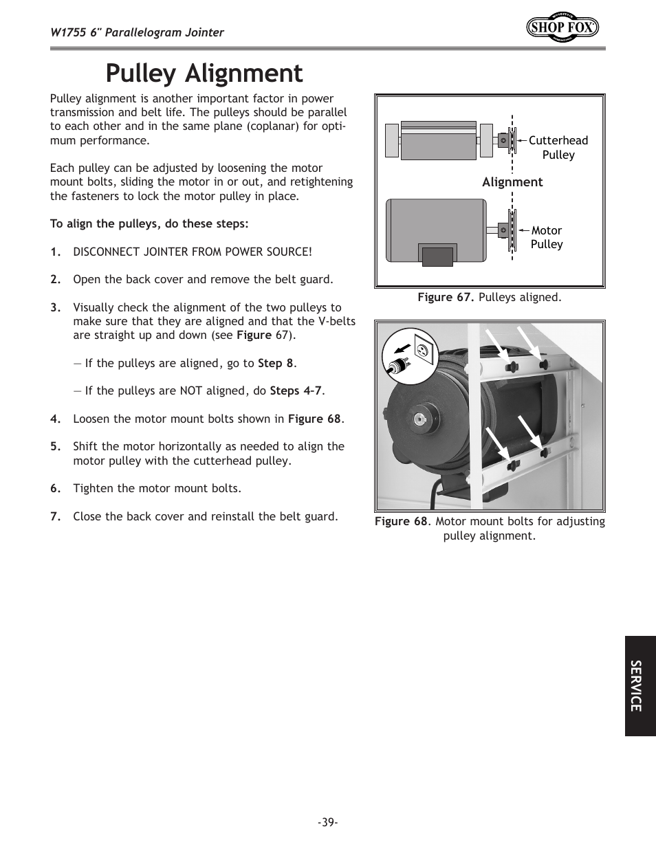 Pulley alignment | Woodstock SHOP FOX W1755 User Manual | Page 41 / 56