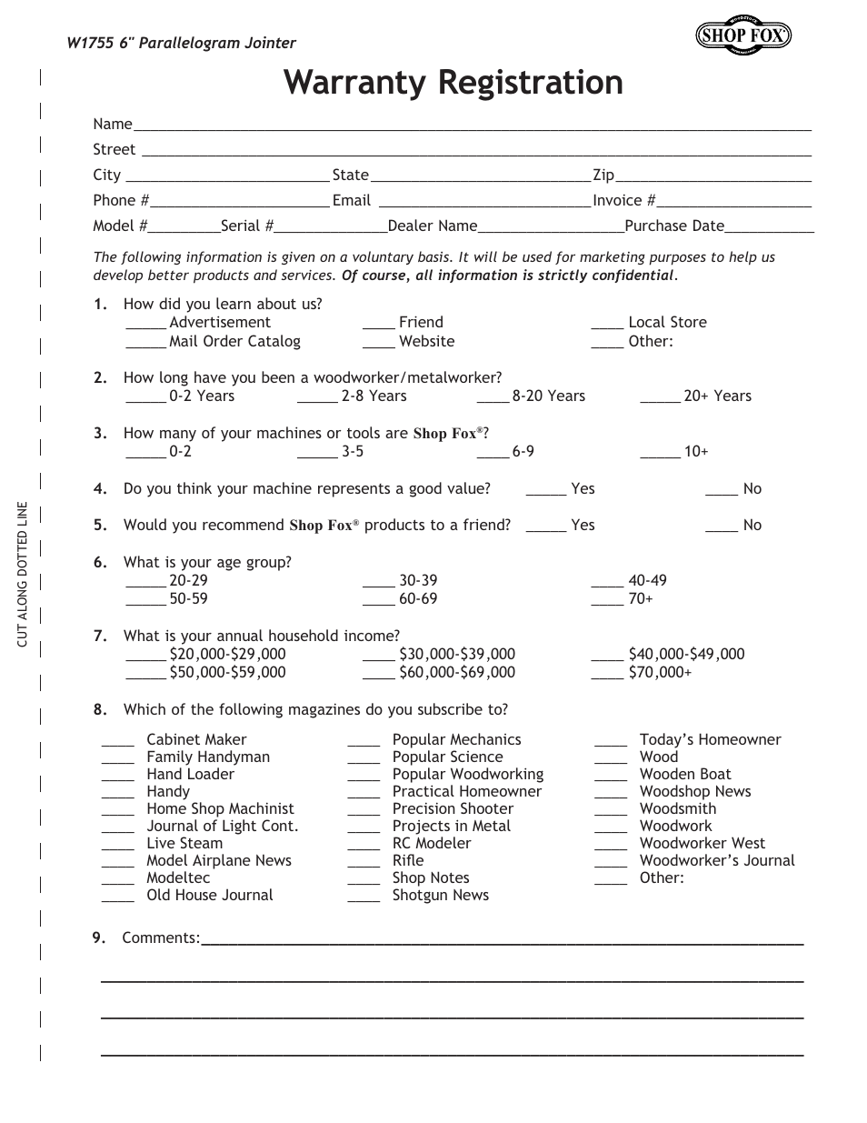 Warranty registration | Woodstock SHOP FOX W1755 User Manual | Page 53 / 56