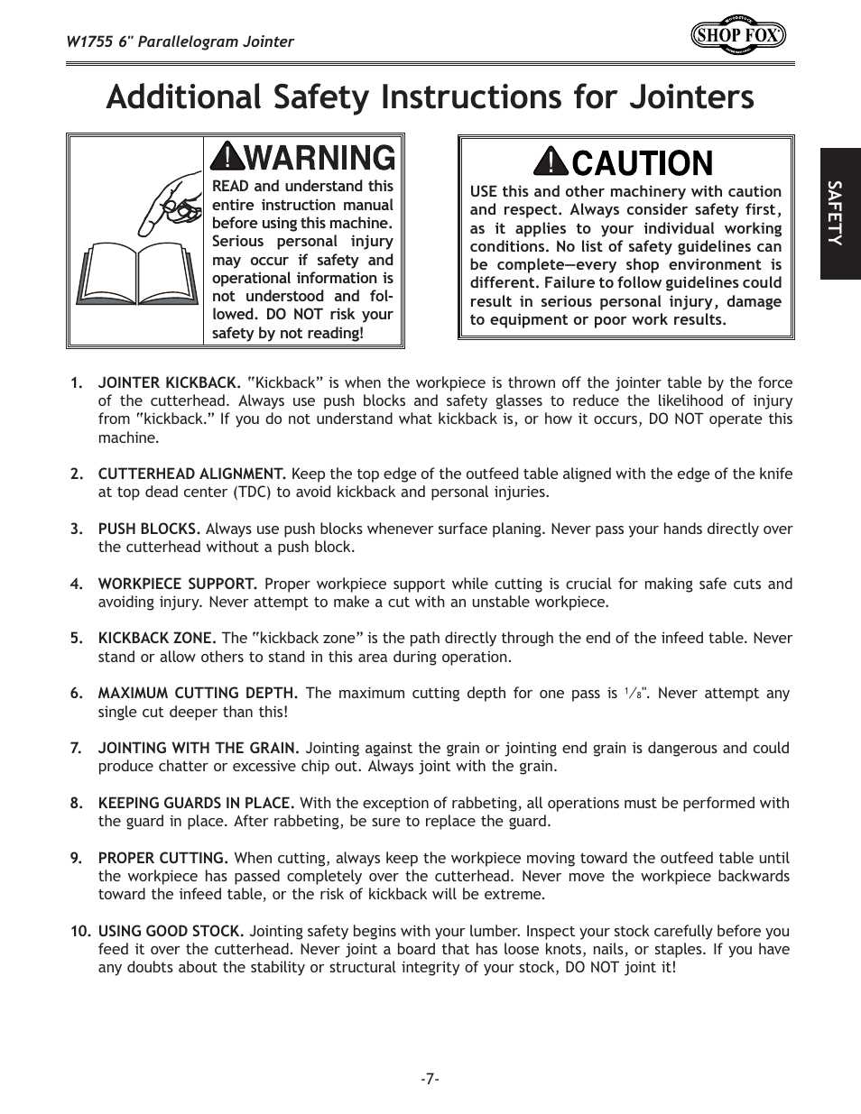 Additional safety instructions for jointers | Woodstock SHOP FOX W1755 User Manual | Page 9 / 56