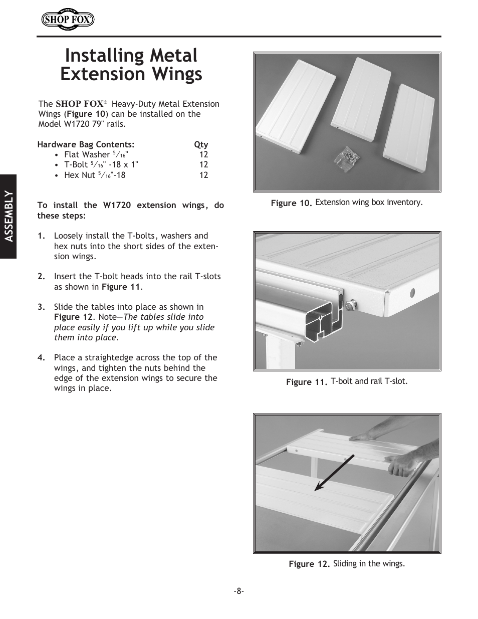 Installing metal extension wings, Assembly | Woodstock ALUMA-CLASSIC W1720 User Manual | Page 10 / 20