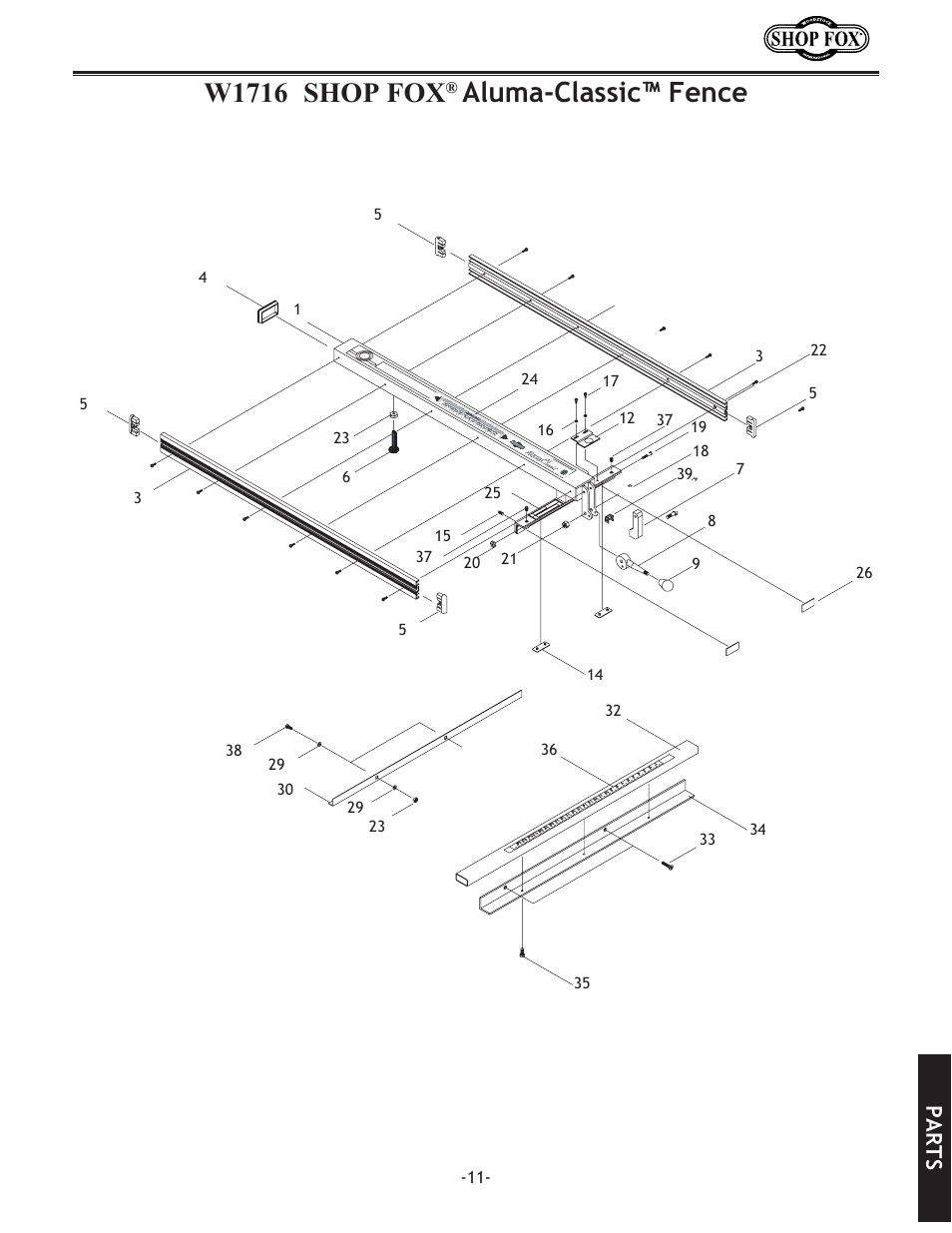 W1716 shop fox, Aluma-classic™ fence, Parts | Woodstock ALUMA-CLASSIC W1720 User Manual | Page 13 / 20