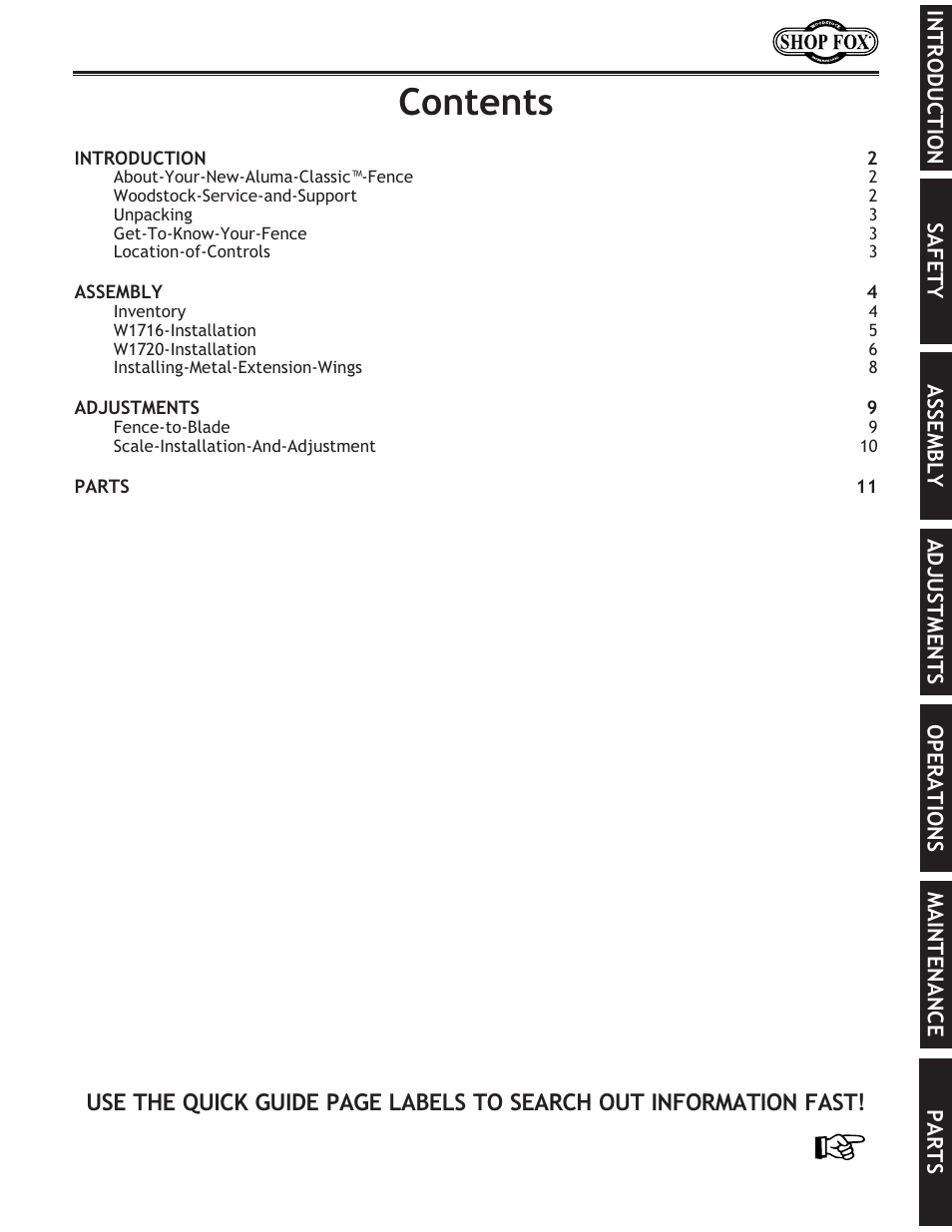 Woodstock ALUMA-CLASSIC W1720 User Manual | Page 3 / 20
