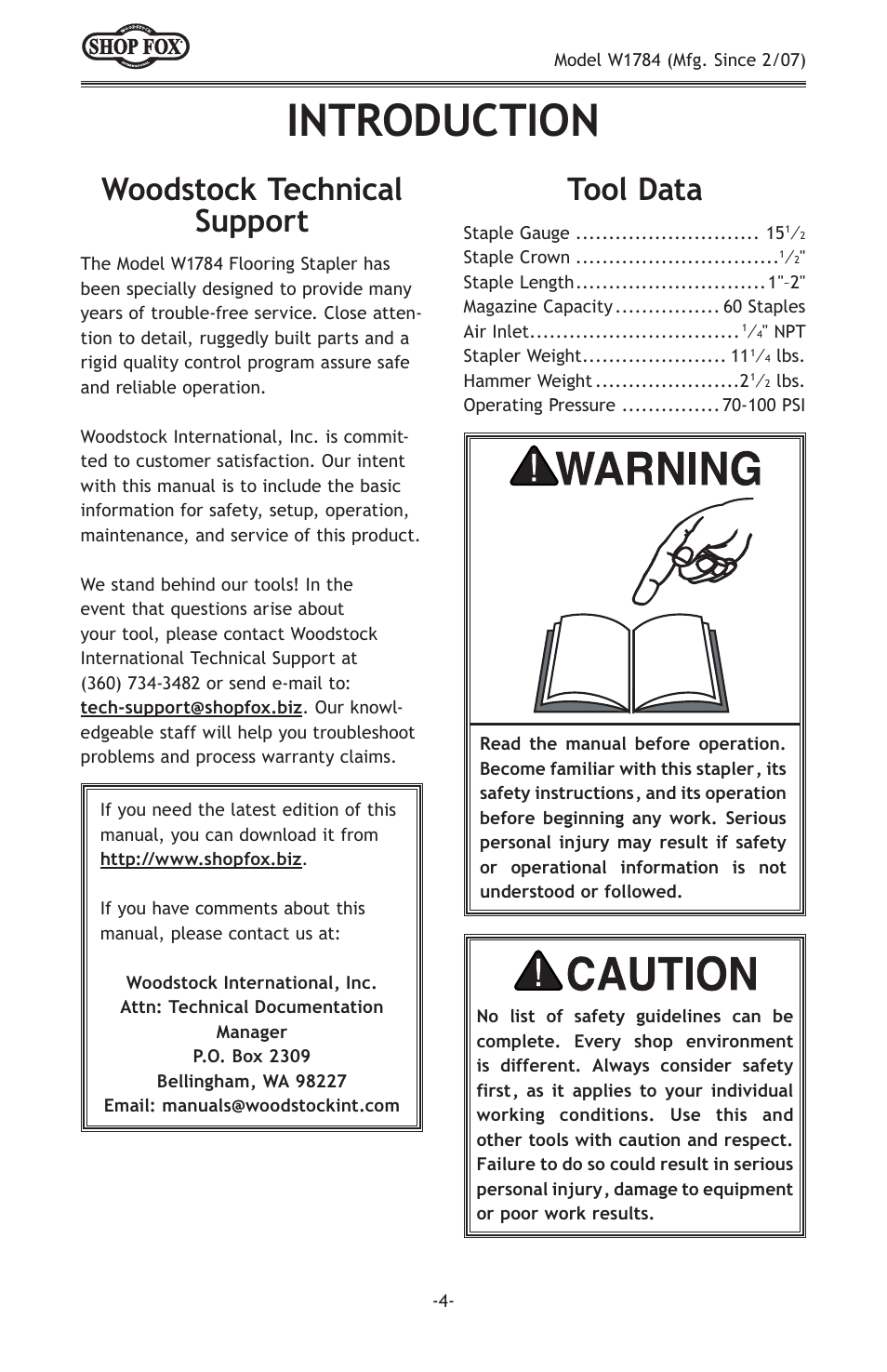 Introduction, Woodstock technical support tool data | Woodstock W1784 User Manual | Page 6 / 20