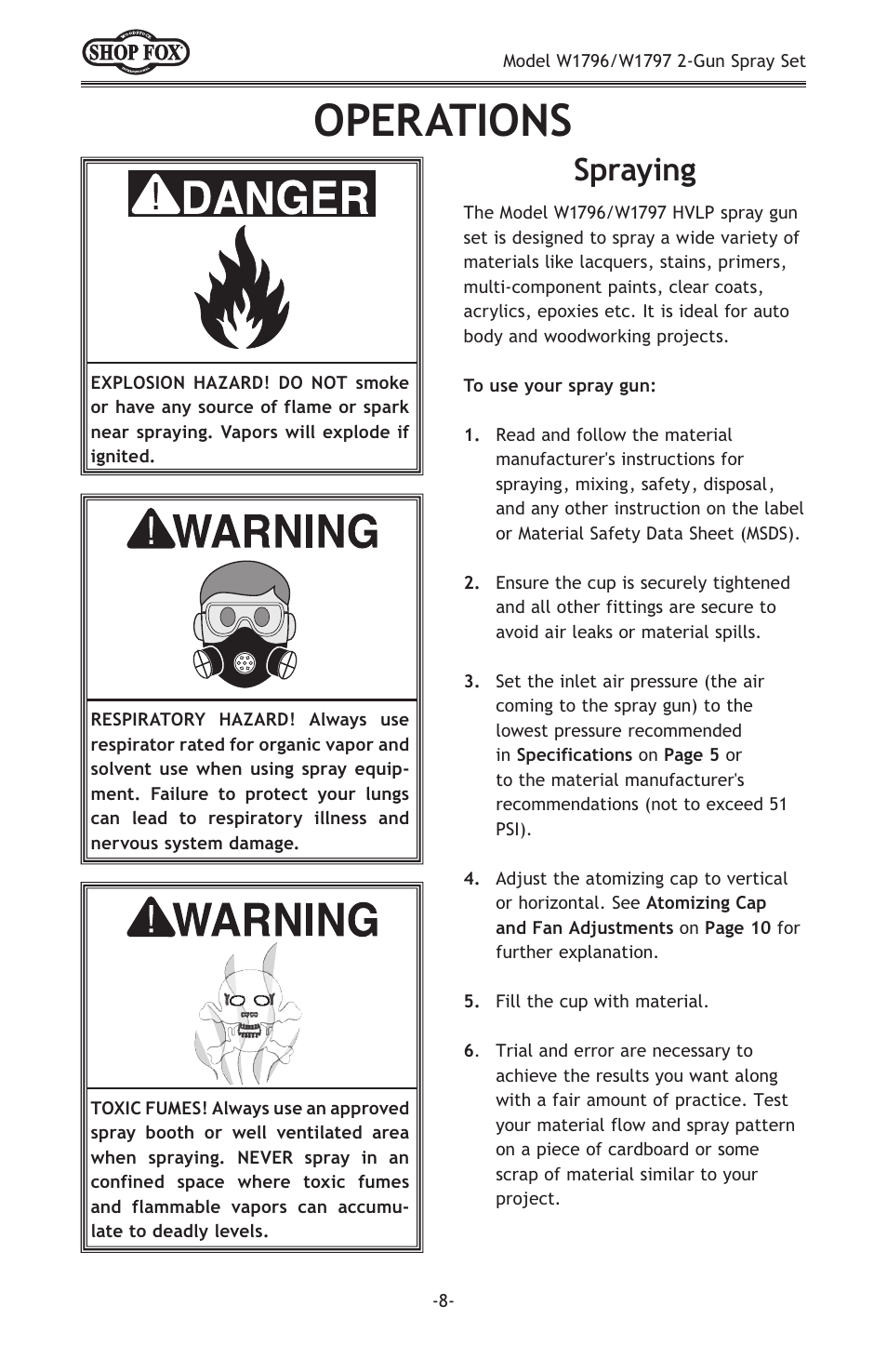 Operations, Spraying | Woodstock W1796 User Manual | Page 10 / 24