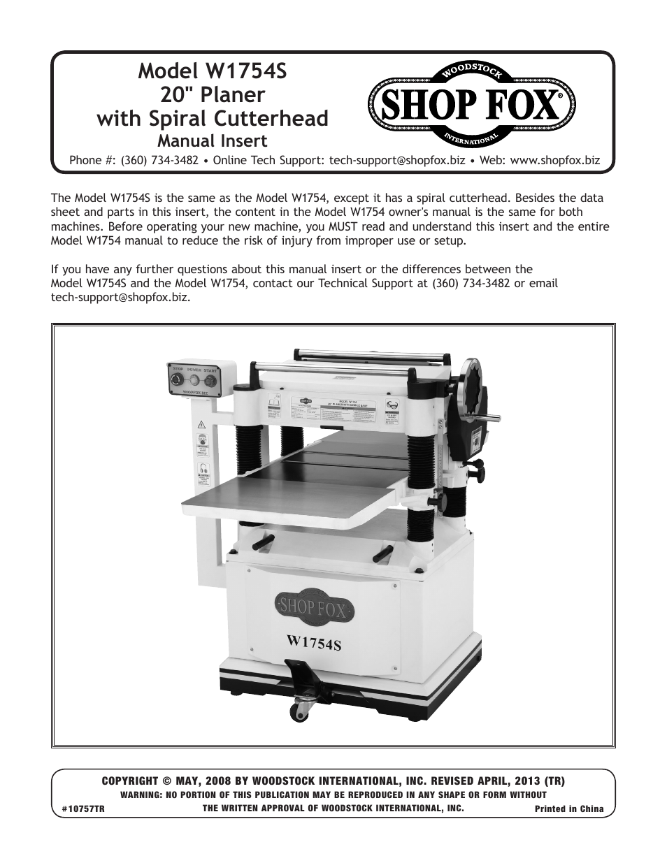 Woodstock SHOP FOX W1754S User Manual | 69 pages