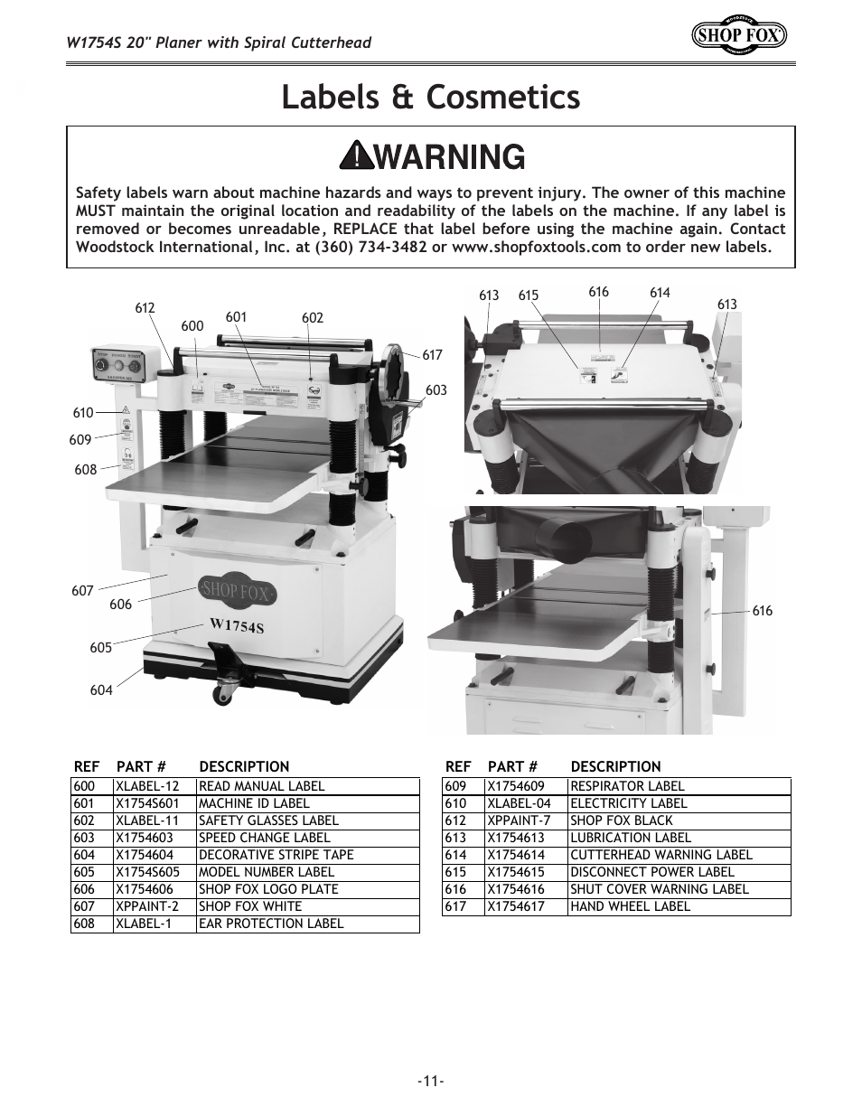 Labels & cosmetics | Woodstock SHOP FOX W1754S User Manual | Page 11 / 69