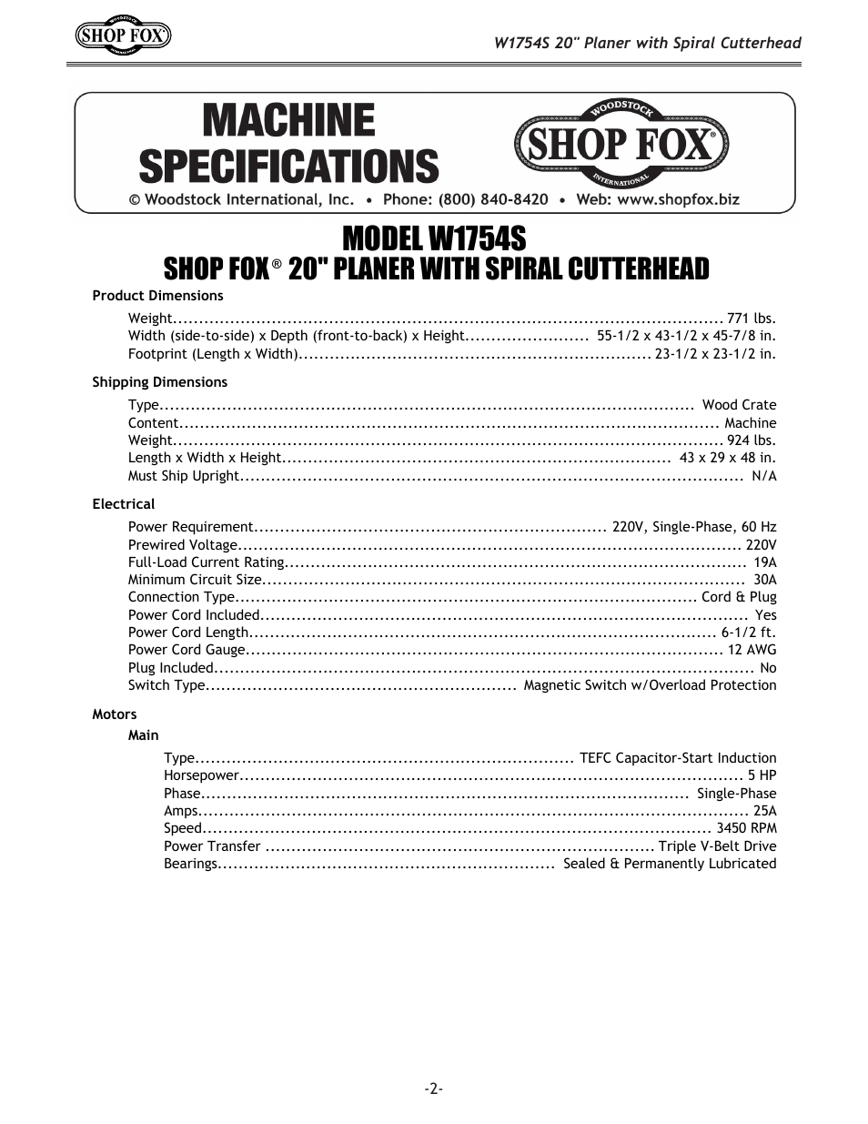 Model w1754s, Shop fox, 20" planer with spiral cutterhead | Woodstock SHOP FOX W1754S User Manual | Page 2 / 69