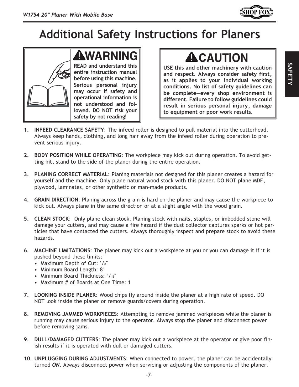 Additional safety instructions for planers | Woodstock SHOP FOX W1754S User Manual | Page 21 / 69