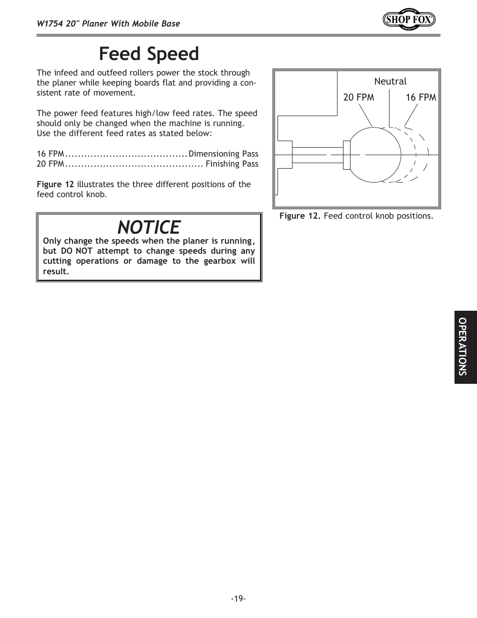 Feed speed, Notice | Woodstock SHOP FOX W1754S User Manual | Page 33 / 69