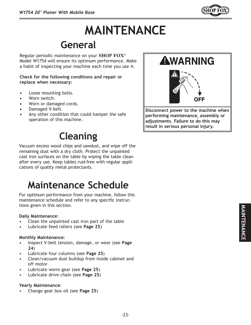 Maintenance, General, Cleaning | Maintenance schedule | Woodstock SHOP FOX W1754S User Manual | Page 37 / 69
