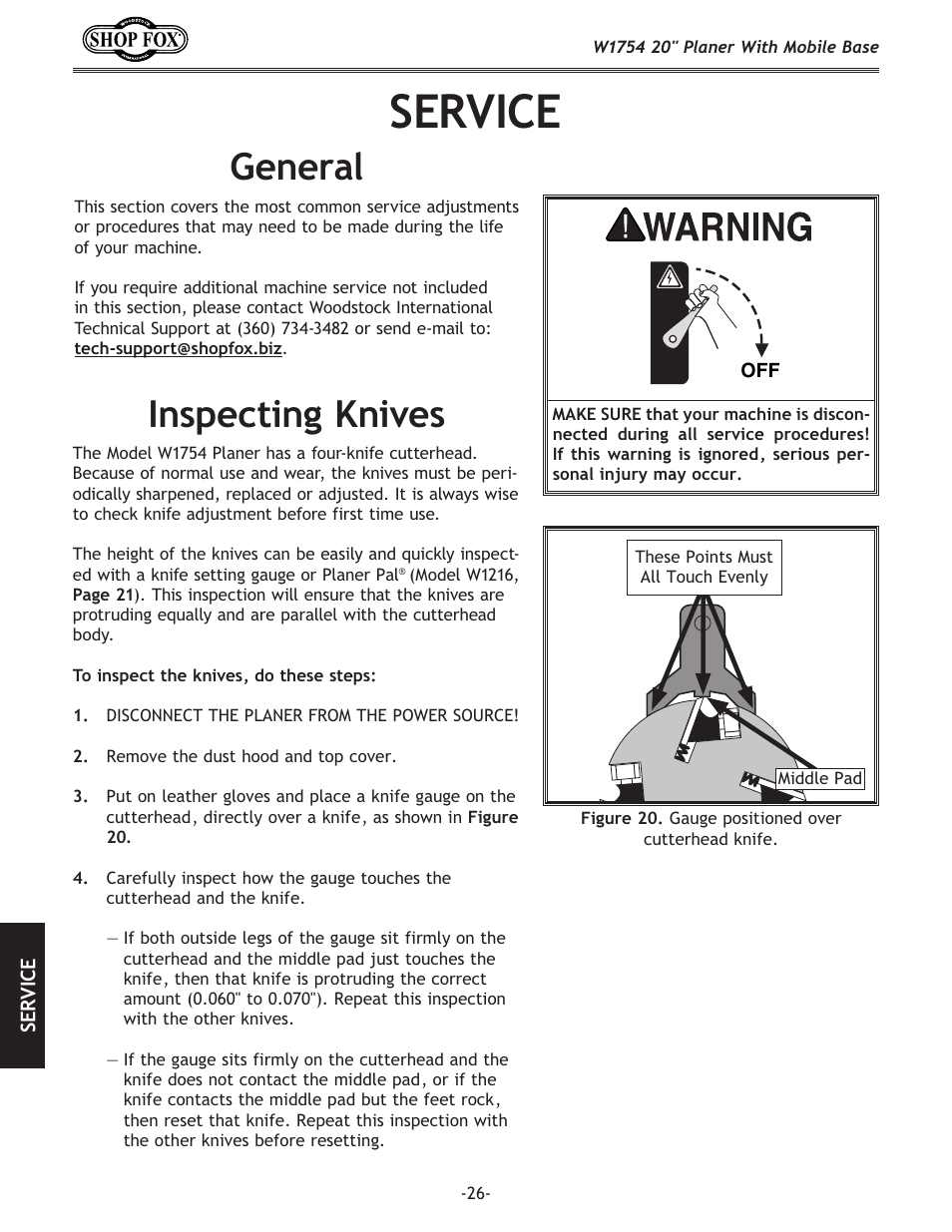Service, General, Inspecting knives | Woodstock SHOP FOX W1754S User Manual | Page 40 / 69