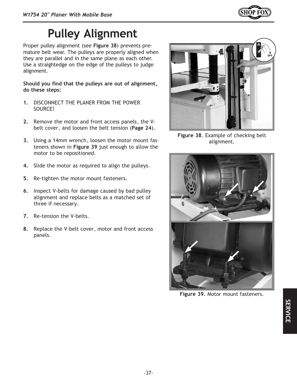 Pulley alignment | Woodstock SHOP FOX W1754S User Manual | Page 51 / 69