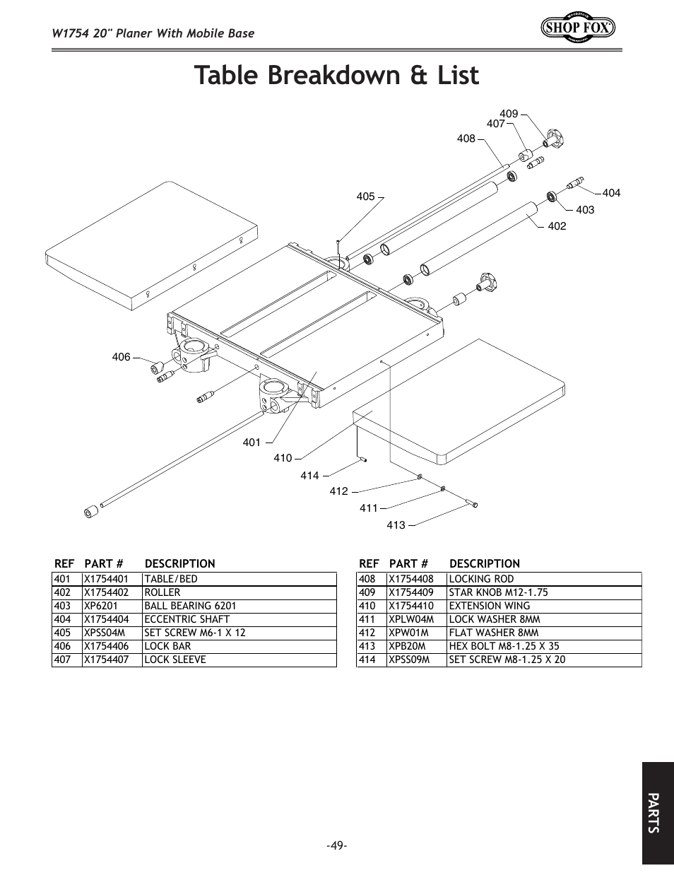 Table breakdown & list, Pa rt s | Woodstock SHOP FOX W1754S User Manual | Page 63 / 69
