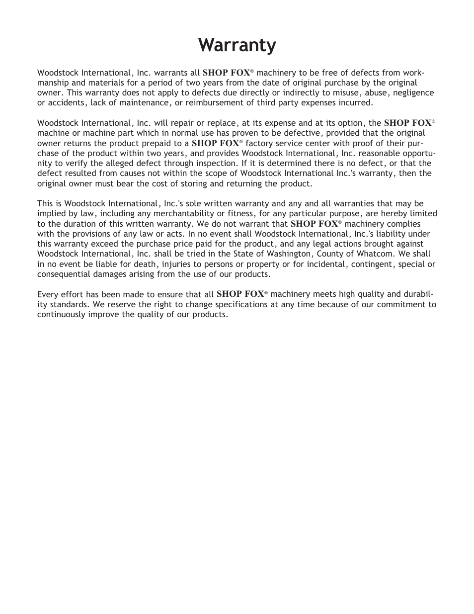 Warranty | Woodstock SHOP FOX W1754S User Manual | Page 67 / 69