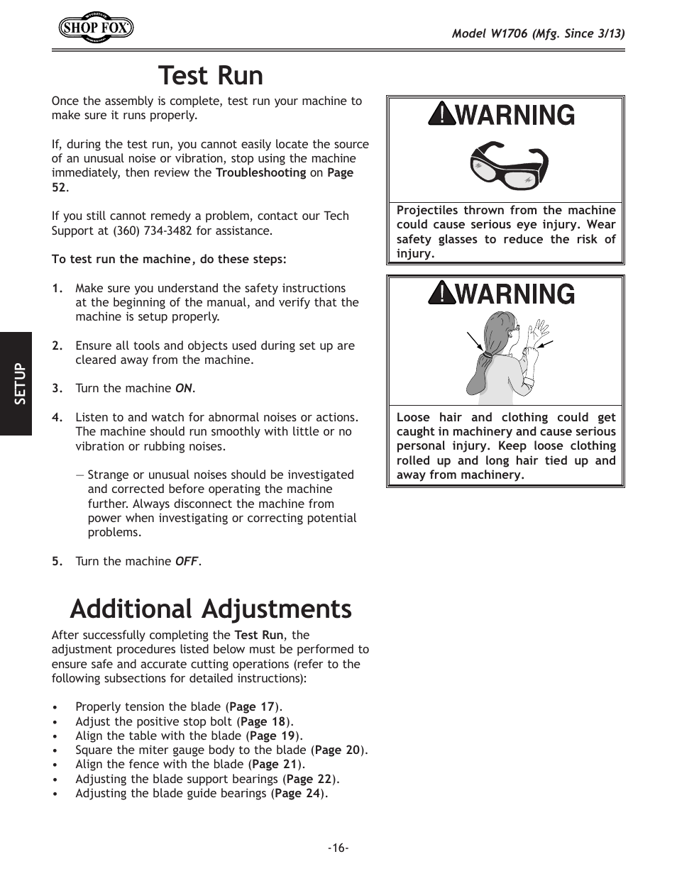 Test.run, Additional.adjustments | Woodstock SHOP FOX W1706 User Manual | Page 18 / 64