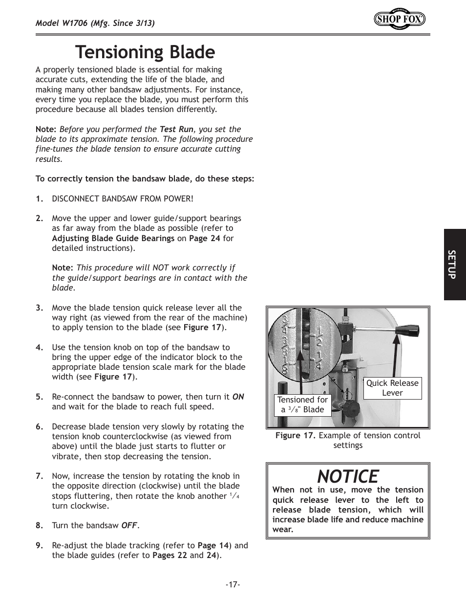 Tensioning.blade, Notice | Woodstock SHOP FOX W1706 User Manual | Page 19 / 64