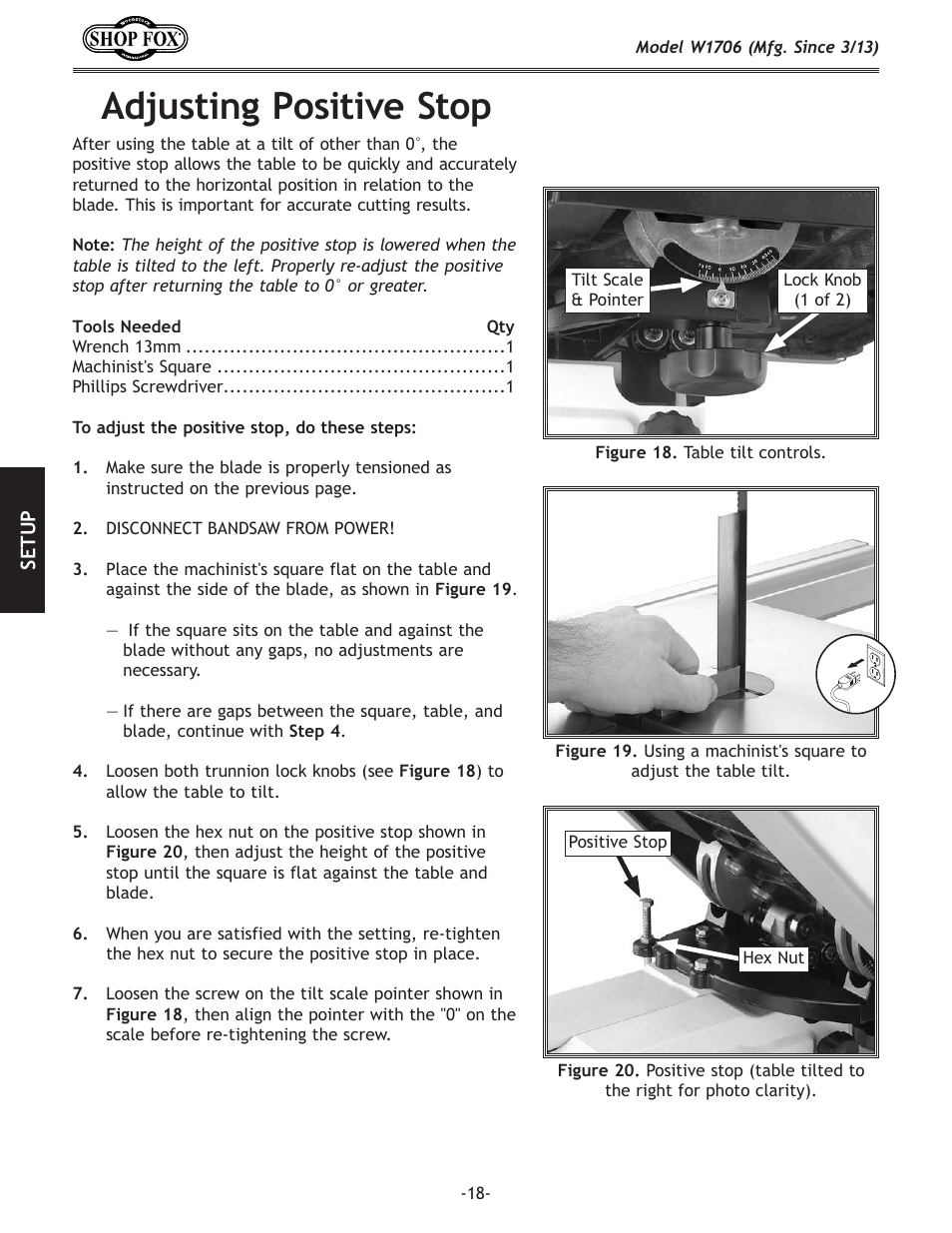 Adjusting.positive.stop | Woodstock SHOP FOX W1706 User Manual | Page 20 / 64