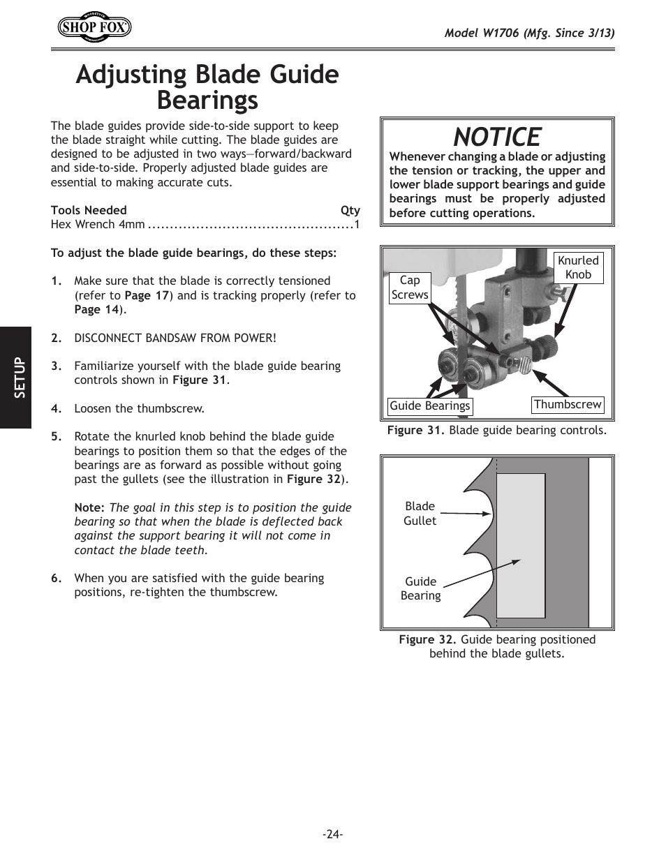 Adjusting.blade.guide. bearings, Notice | Woodstock SHOP FOX W1706 User Manual | Page 26 / 64