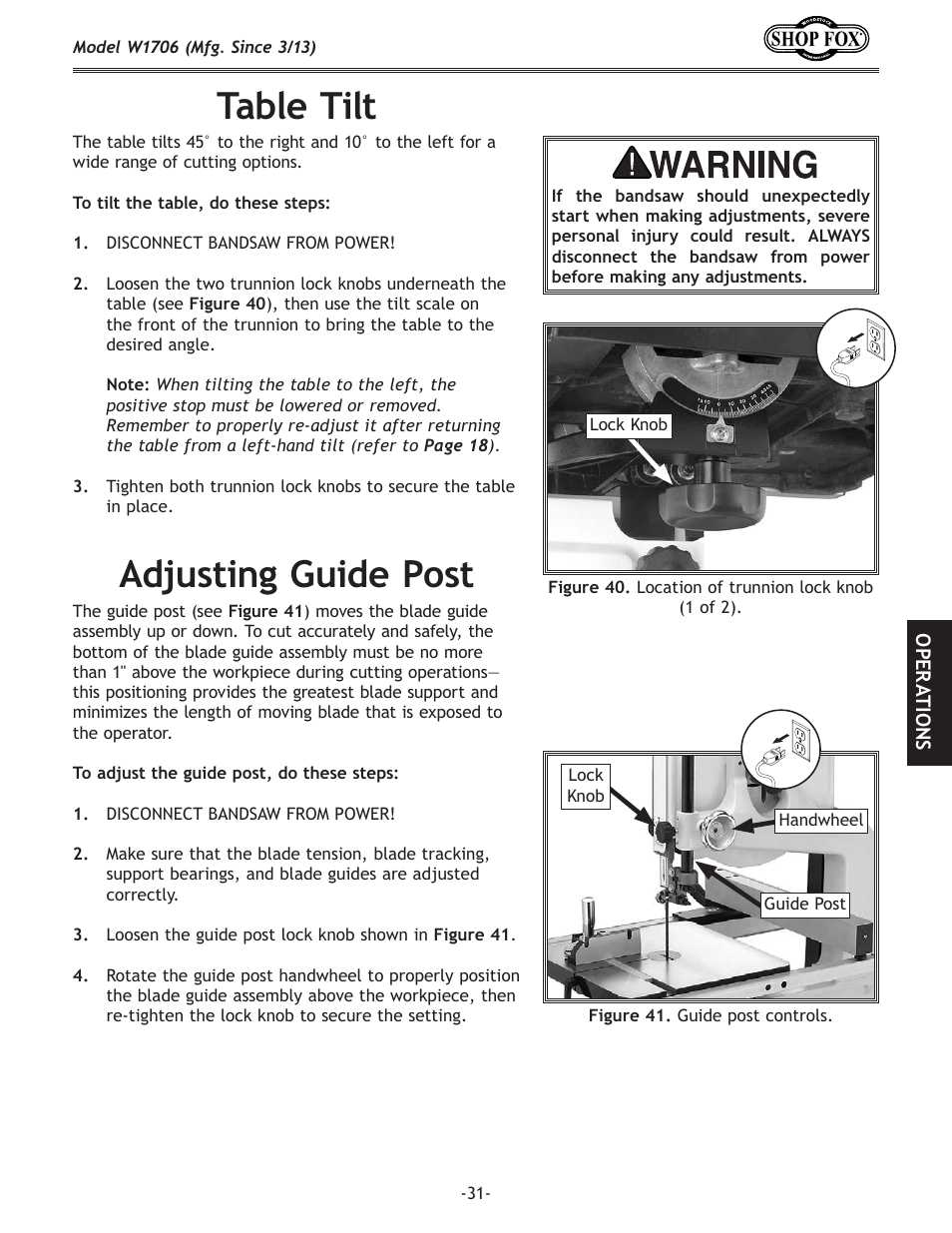 Table.tilt, Adjusting.guide.post | Woodstock SHOP FOX W1706 User Manual | Page 33 / 64