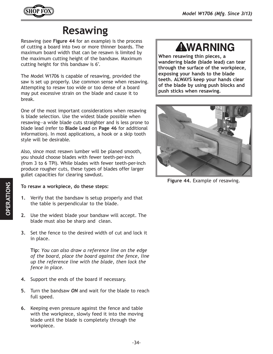 Resawing | Woodstock SHOP FOX W1706 User Manual | Page 36 / 64