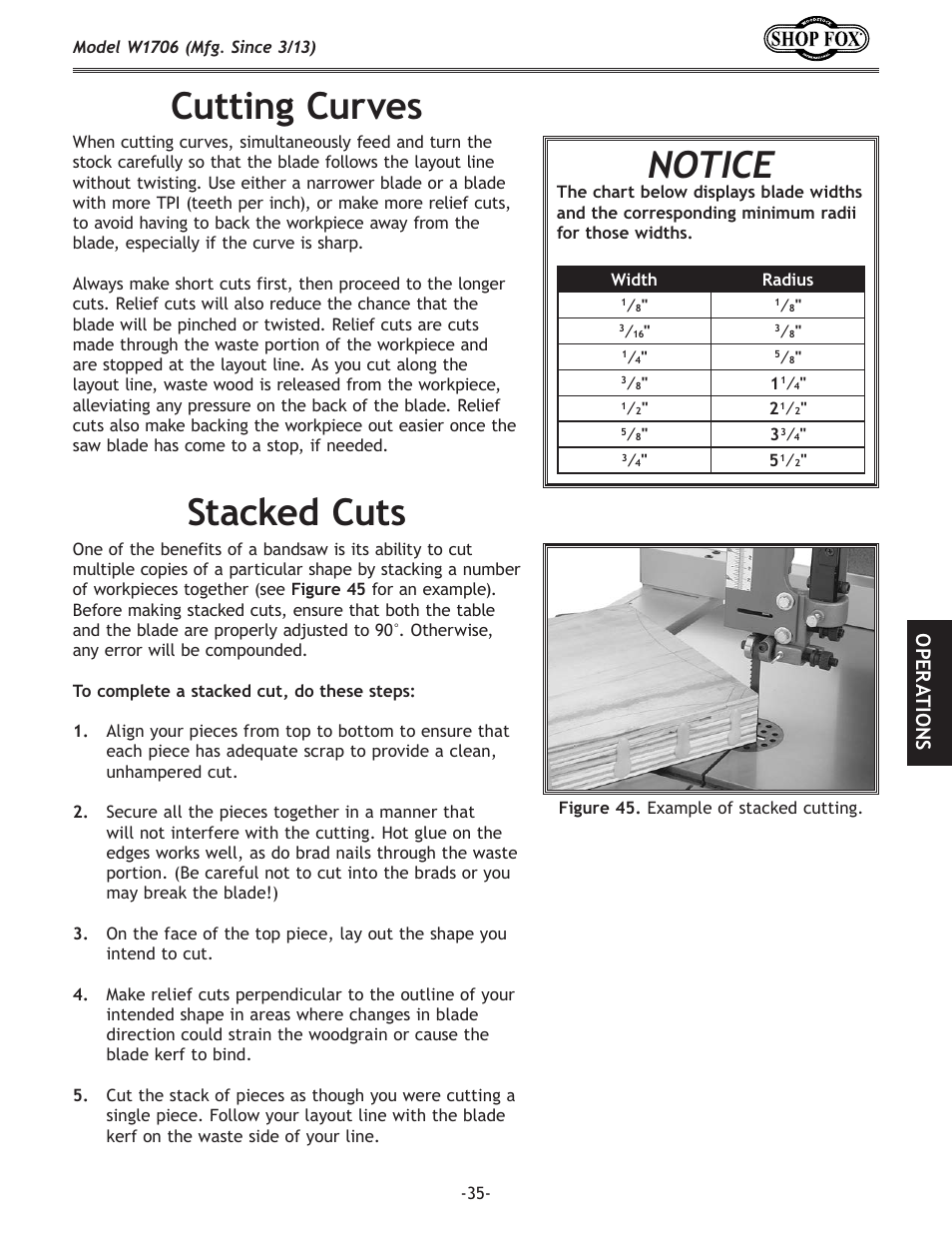 Cutting.curves notice, Stacked.cuts, Ope r atio ns | Woodstock SHOP FOX W1706 User Manual | Page 37 / 64