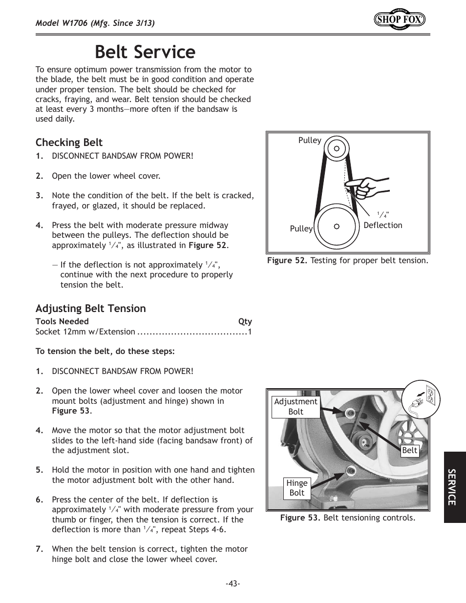 Belt.service, Checking.belt, Adjusting.belt.tension | Se rv ic e | Woodstock SHOP FOX W1706 User Manual | Page 45 / 64