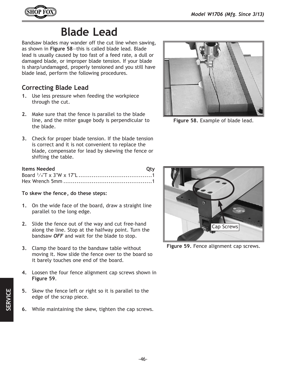 Blade.lead, Correcting.blade.lead | Woodstock SHOP FOX W1706 User Manual | Page 48 / 64