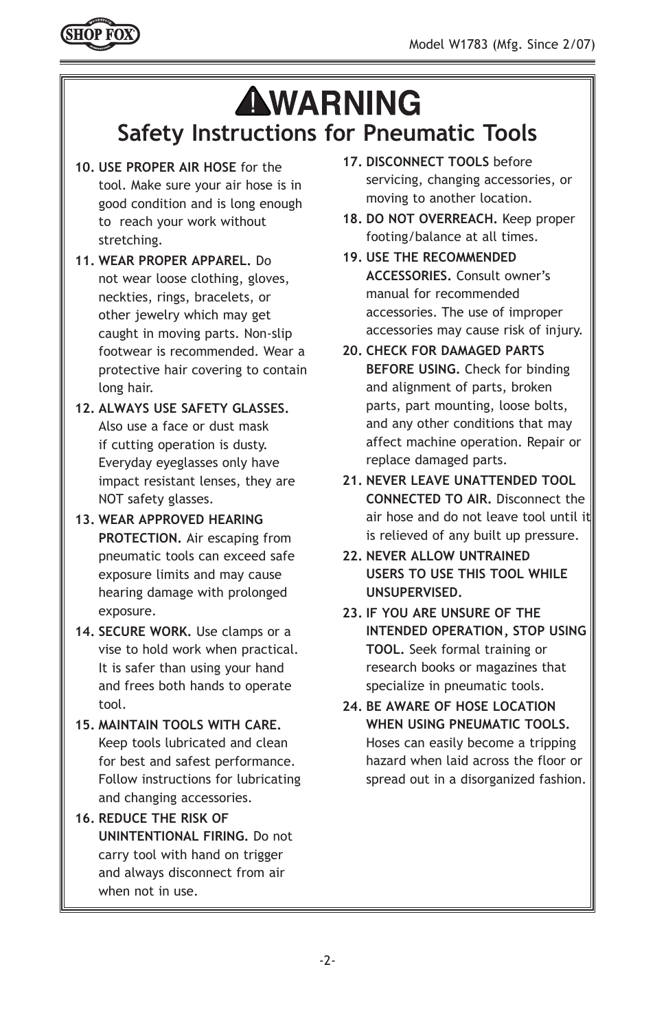 Safety instructions for pneumatic tools | Woodstock SHOP FOX W1783 User Manual | Page 4 / 20