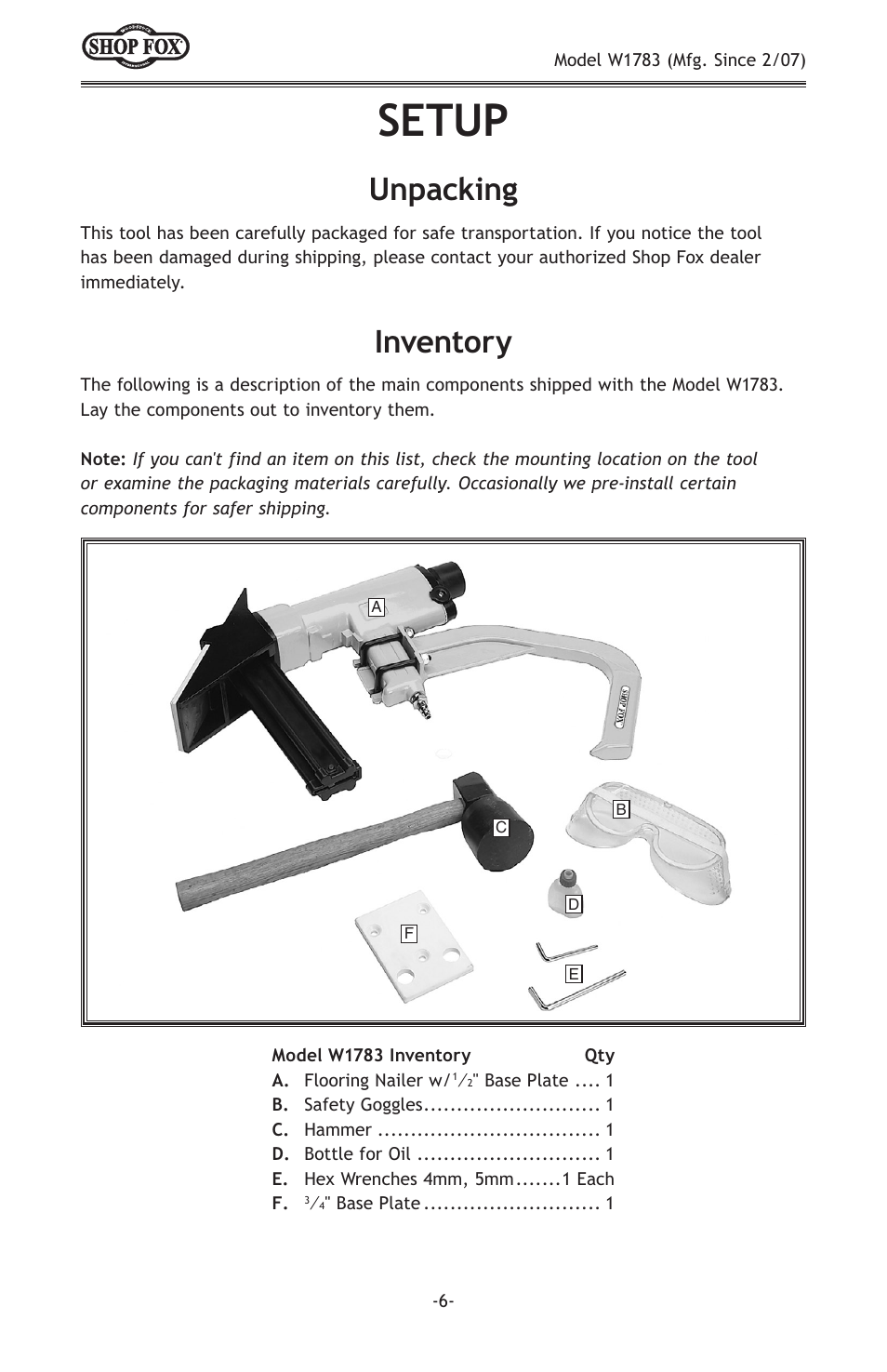 Setup, Inventory, Unpacking | Woodstock SHOP FOX W1783 User Manual | Page 8 / 20