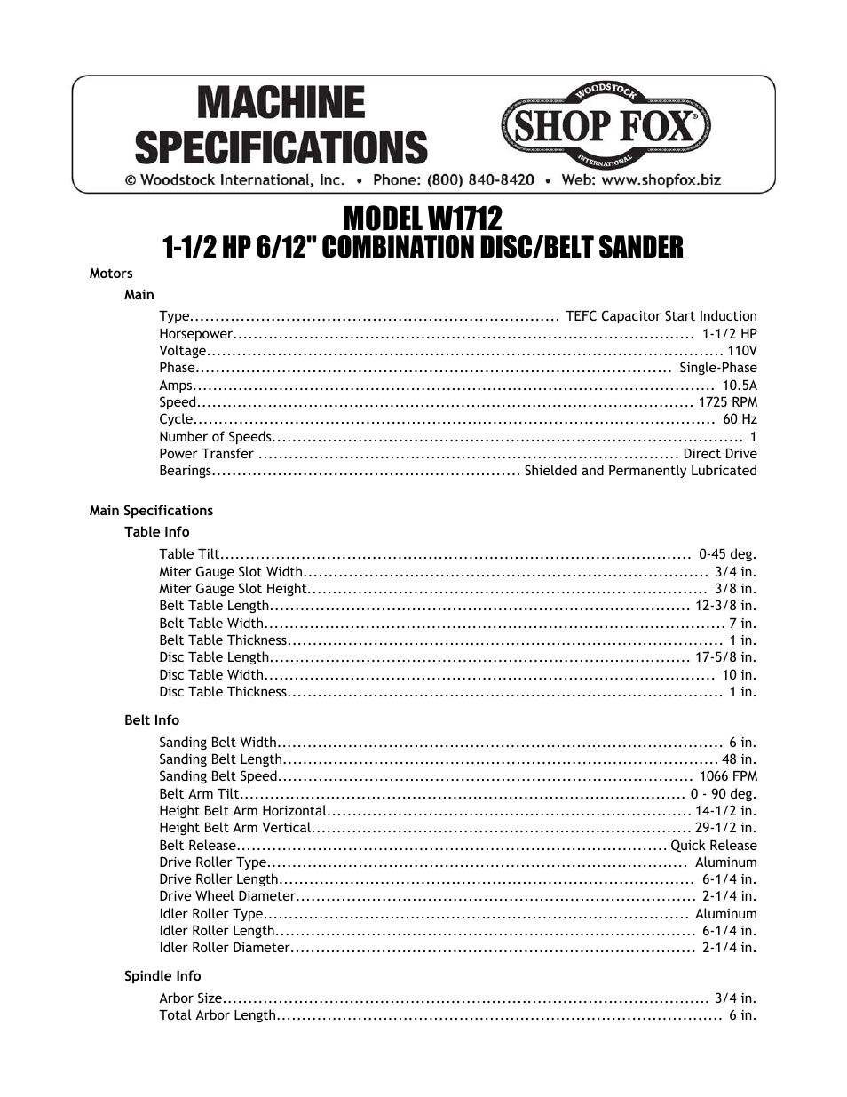 Model w1712 | Woodstock SHOP FOX W1712 User Manual | Page 2 / 46