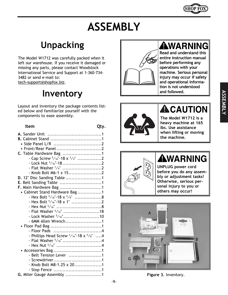 Inventory unpacking, Assembly | Woodstock SHOP FOX W1712 User Manual | Page 21 / 46