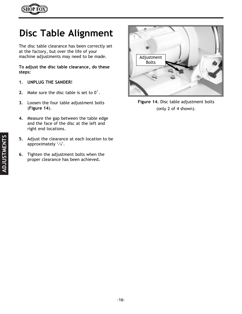 Disc table alignment, Adjustments | Woodstock SHOP FOX W1712 User Manual | Page 28 / 46