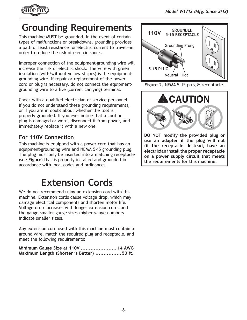 Grounding requirements, Extension cords | Woodstock SHOP FOX W1712 User Manual | Page 8 / 46