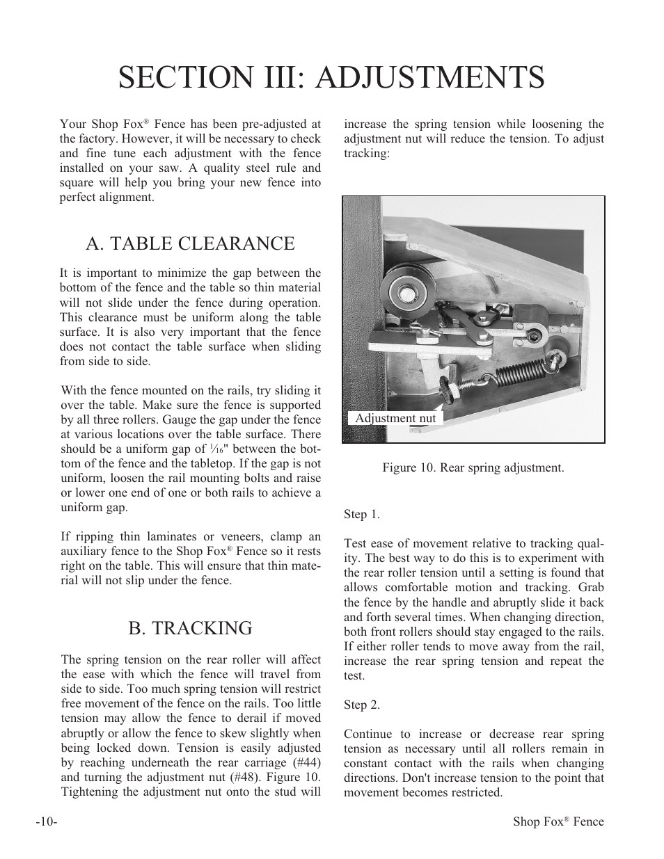 A. table clearance, B. tracking | Woodstock International Fox Fense W1410 User Manual | Page 11 / 29